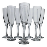 Lot of 8 vintage champagne flutes from the 1980s, transparent glass, twisted stem.