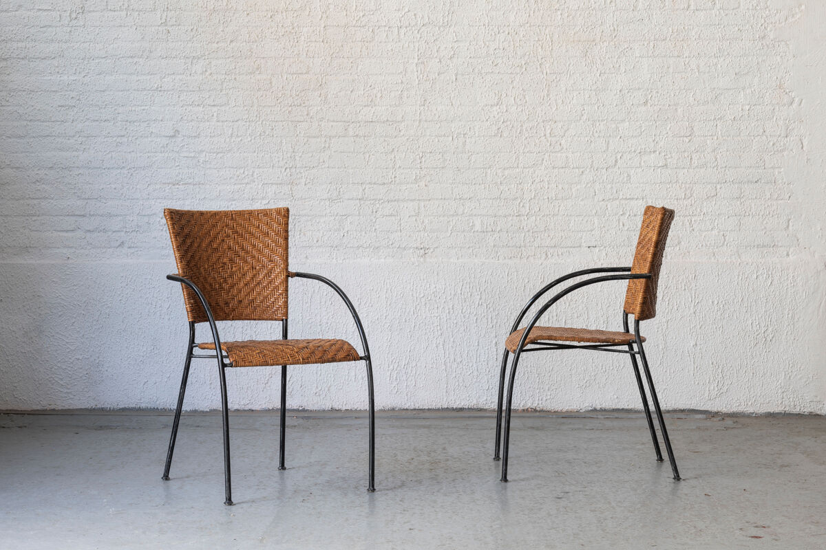 Set of 4 stackable dining chairs in steel and rattan, 1970s