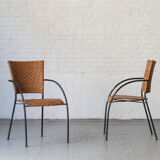 Set of 4 stackable dining chairs in steel and rattan, 1970s