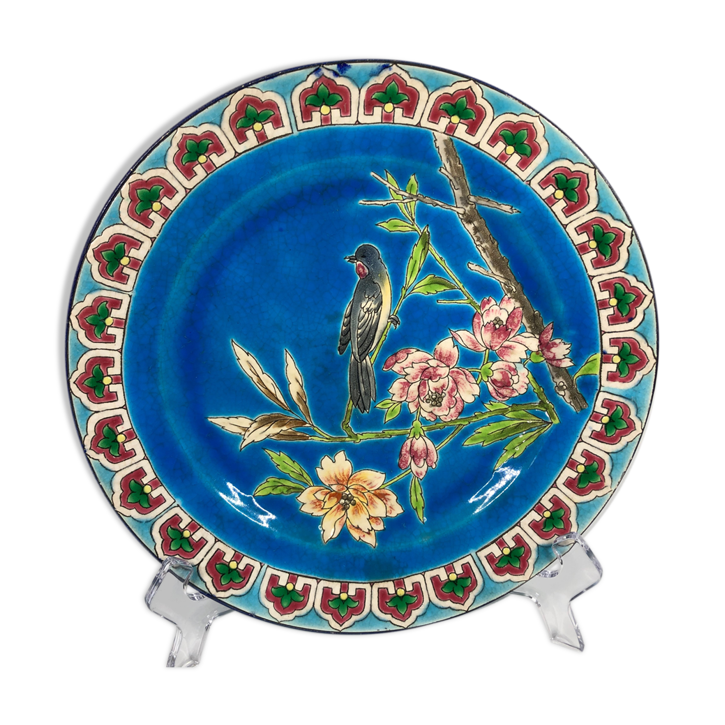 Longwy enamel blue plate bird and peony pattern