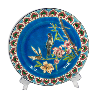 Assiette bleu émaux Longwy motif oiseau et pivoine