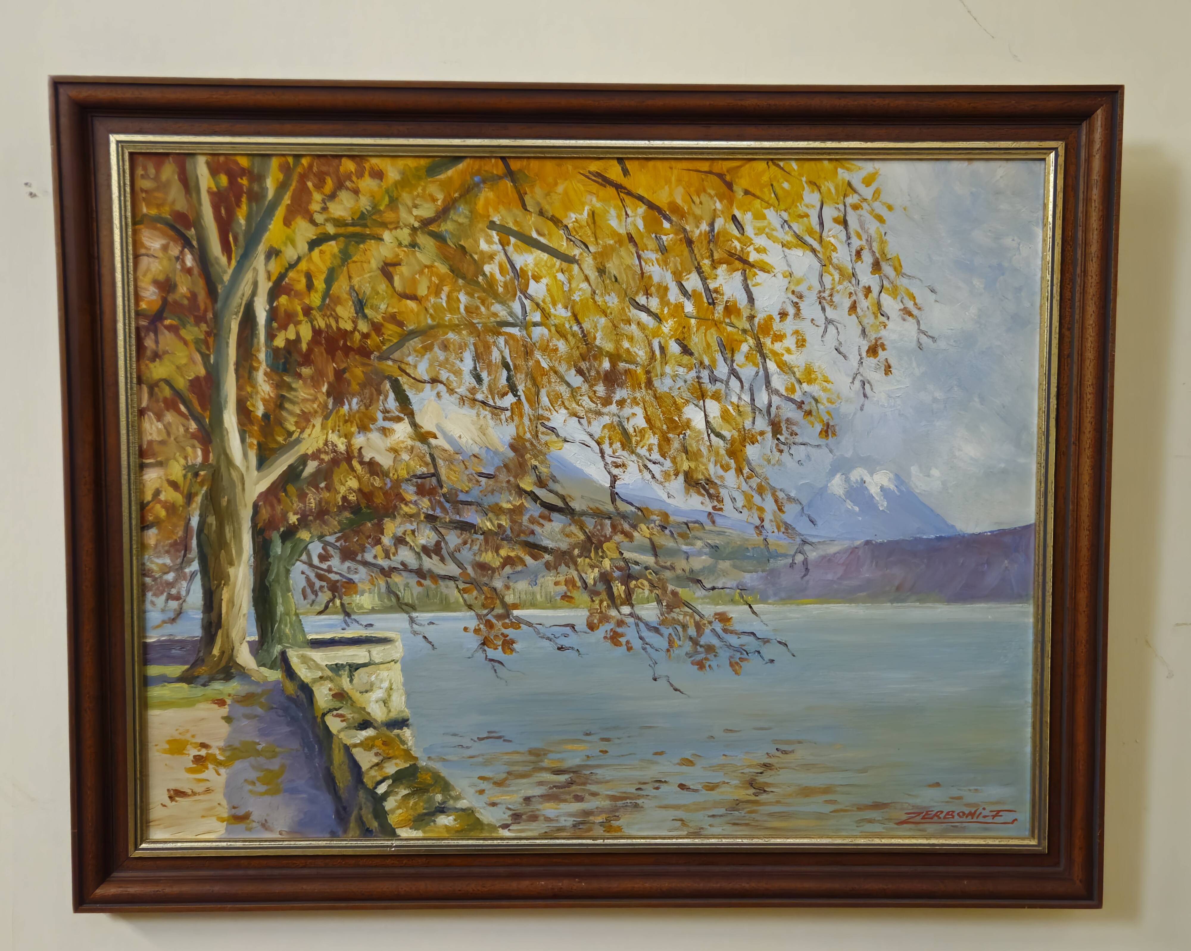 F. Zerboni – Animated Lakeside Landscape – Oil on Panel – Mid 20th Century