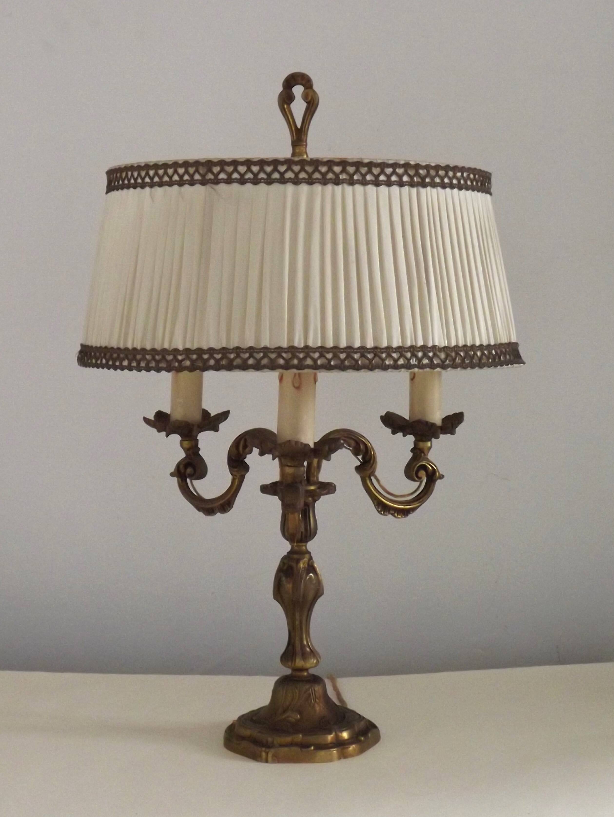 Bronze French Antique Art Nouveau 3-Light Candelabra Lamp Pleated Shade