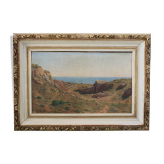 Painting Oil on Canvas Framed, signed Victor Barjon (1845-1920), Cote Rocheuse Bretagne