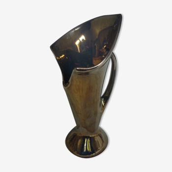 Brown iridescent ceramic vase with handle