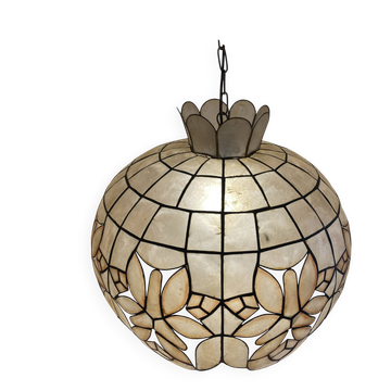 Large mother-of-pearl and brass chandelier with floral decoration.