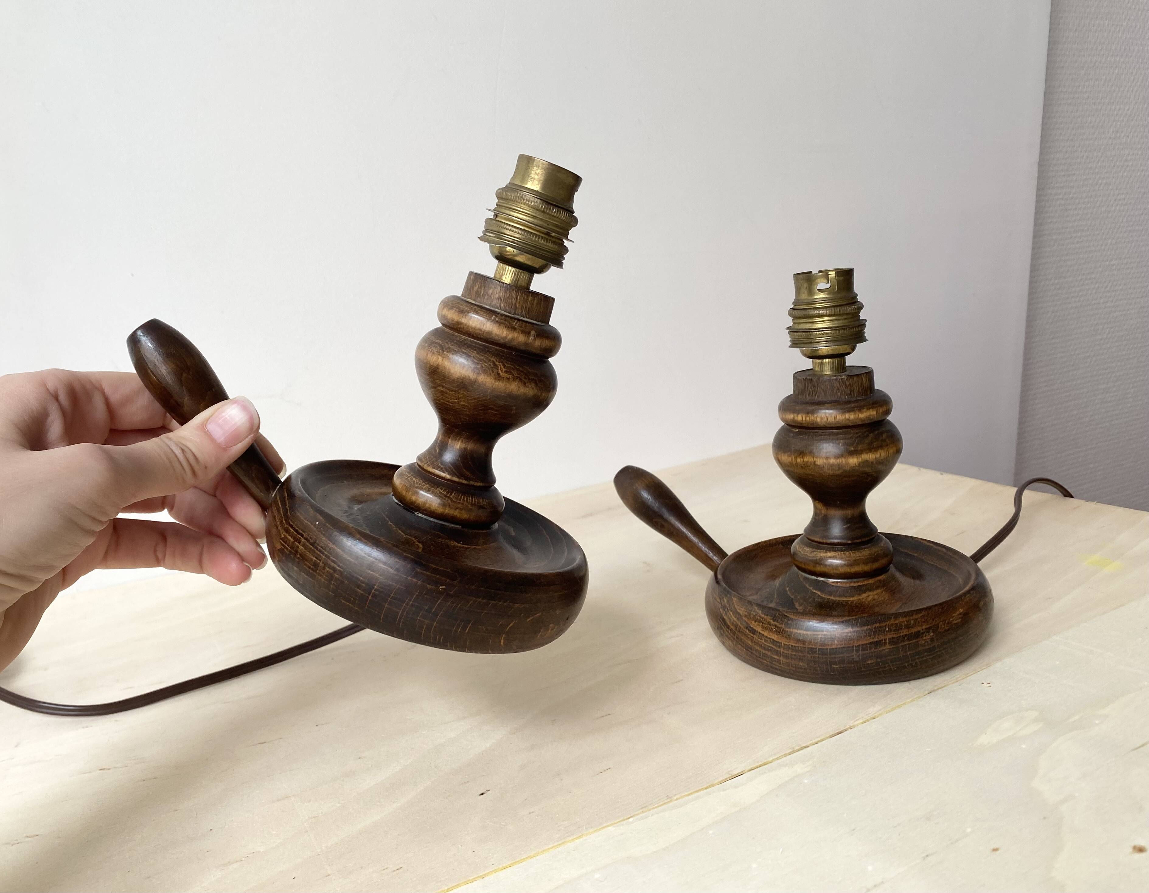 Pair of 50s turned wooden candlestick lamps, vintage lighting fixtures, rustic lamp bases