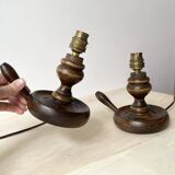 Pair of 50s turned wooden candlestick lamps, vintage lighting fixtures, rustic lamp bases