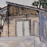 Watercolor lithograph 1980's "Cap-Ferret, 'L'Herbe' le quartier des pêcheurs"