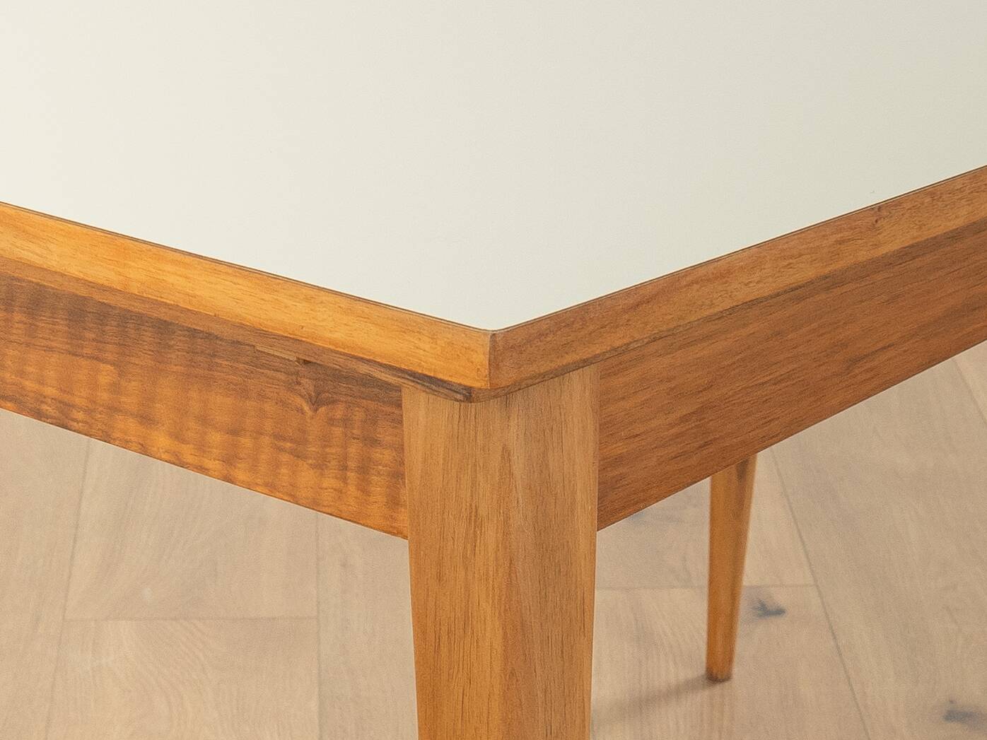 Classic extendable dining table from the 1950s, solid ash wood, new cream white Resopal top