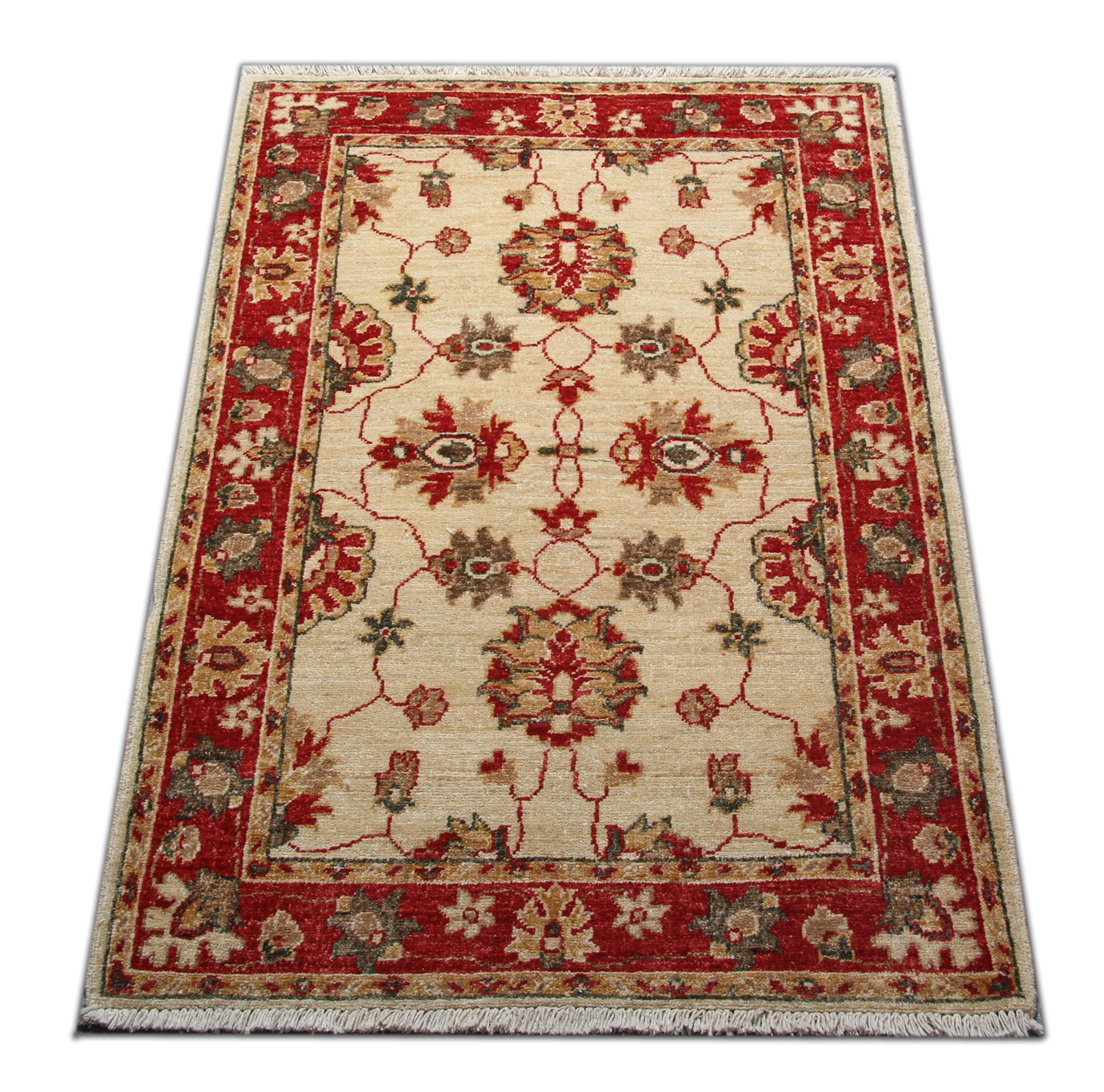 Red beige wool rug handmade oriental carpet traditional living room rug- 86x123cm