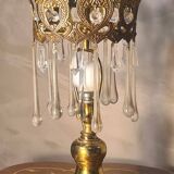 1960s lamp in bronze and brass with glass tear drop pendants, 38x18.