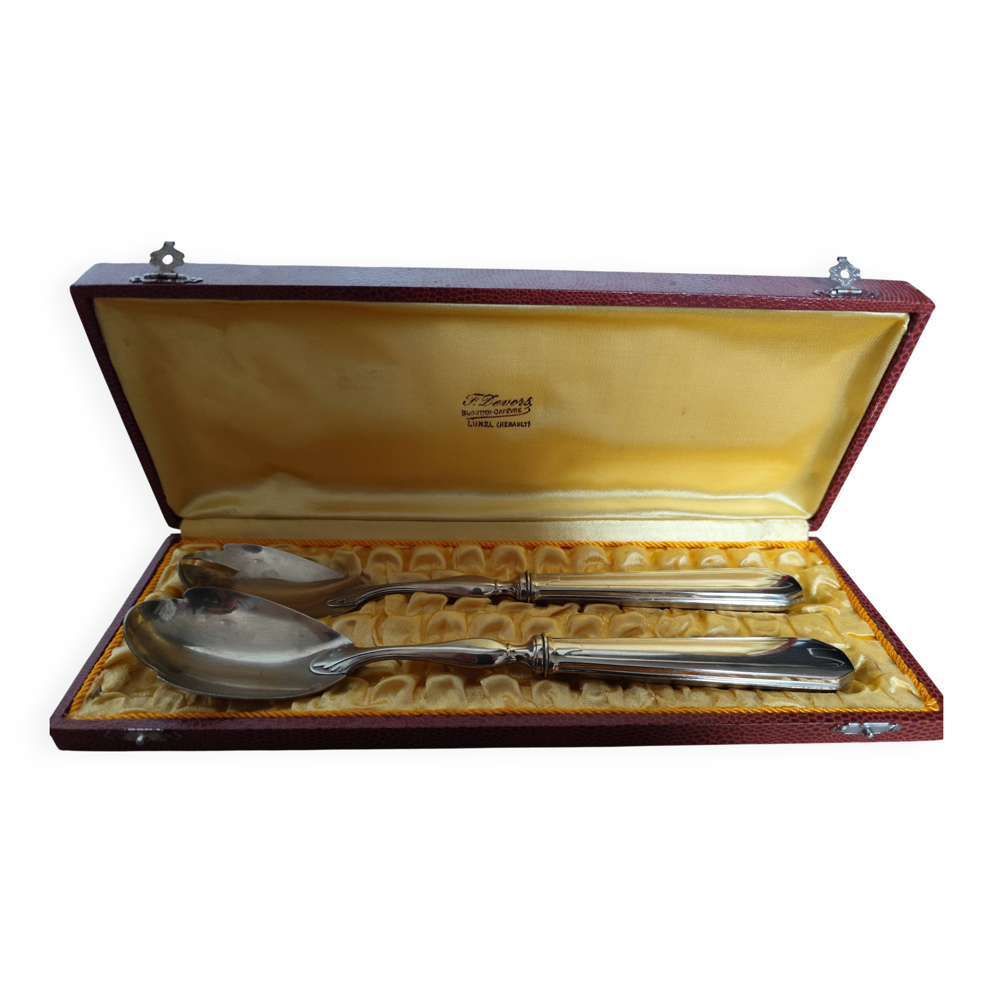 Silver-plated metal salad serving spoons in their vintage case