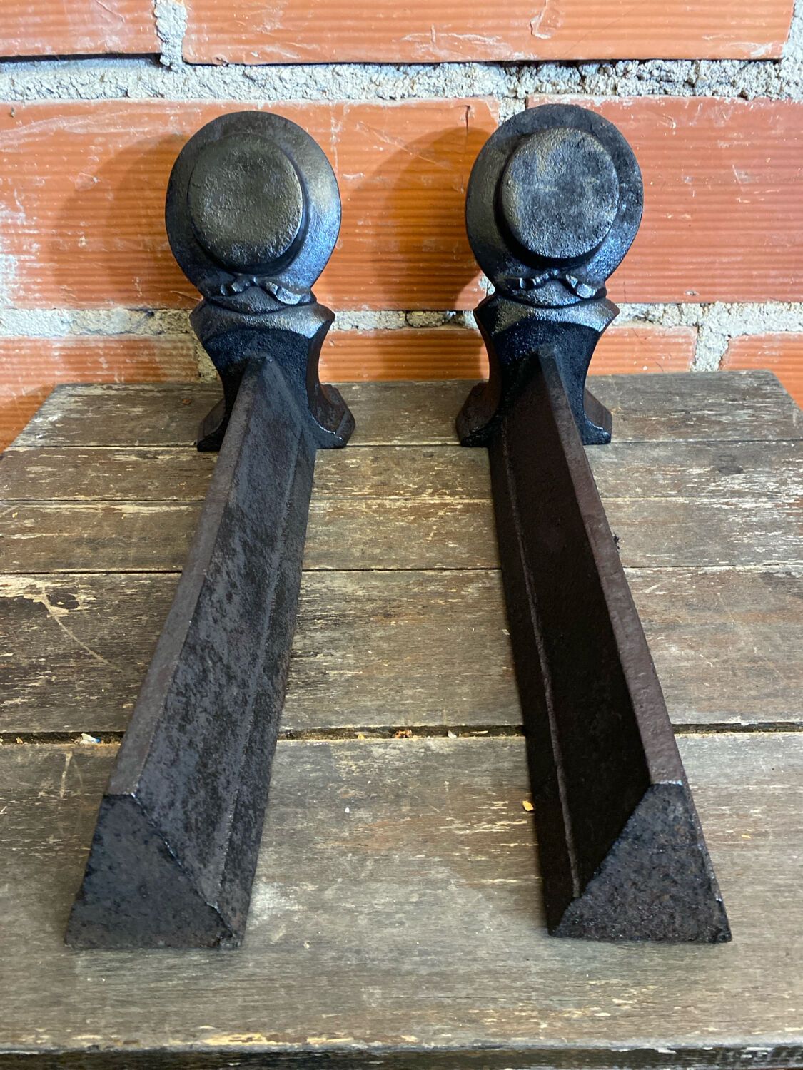 Pair of Fireplace Chenets Man with Hat Black Cast Iron Vintage #D703