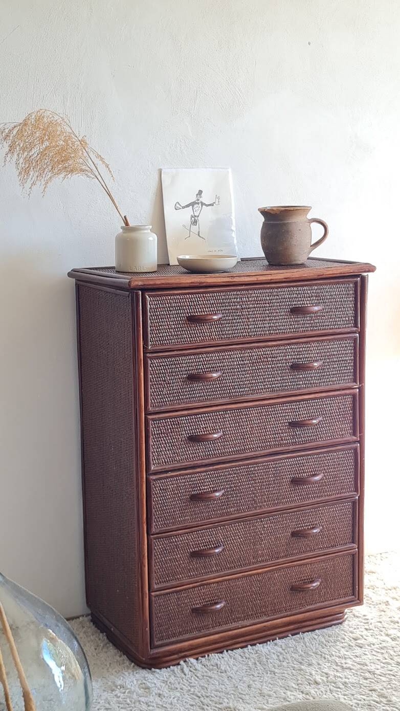 Commode en rotin vintage circa années 70