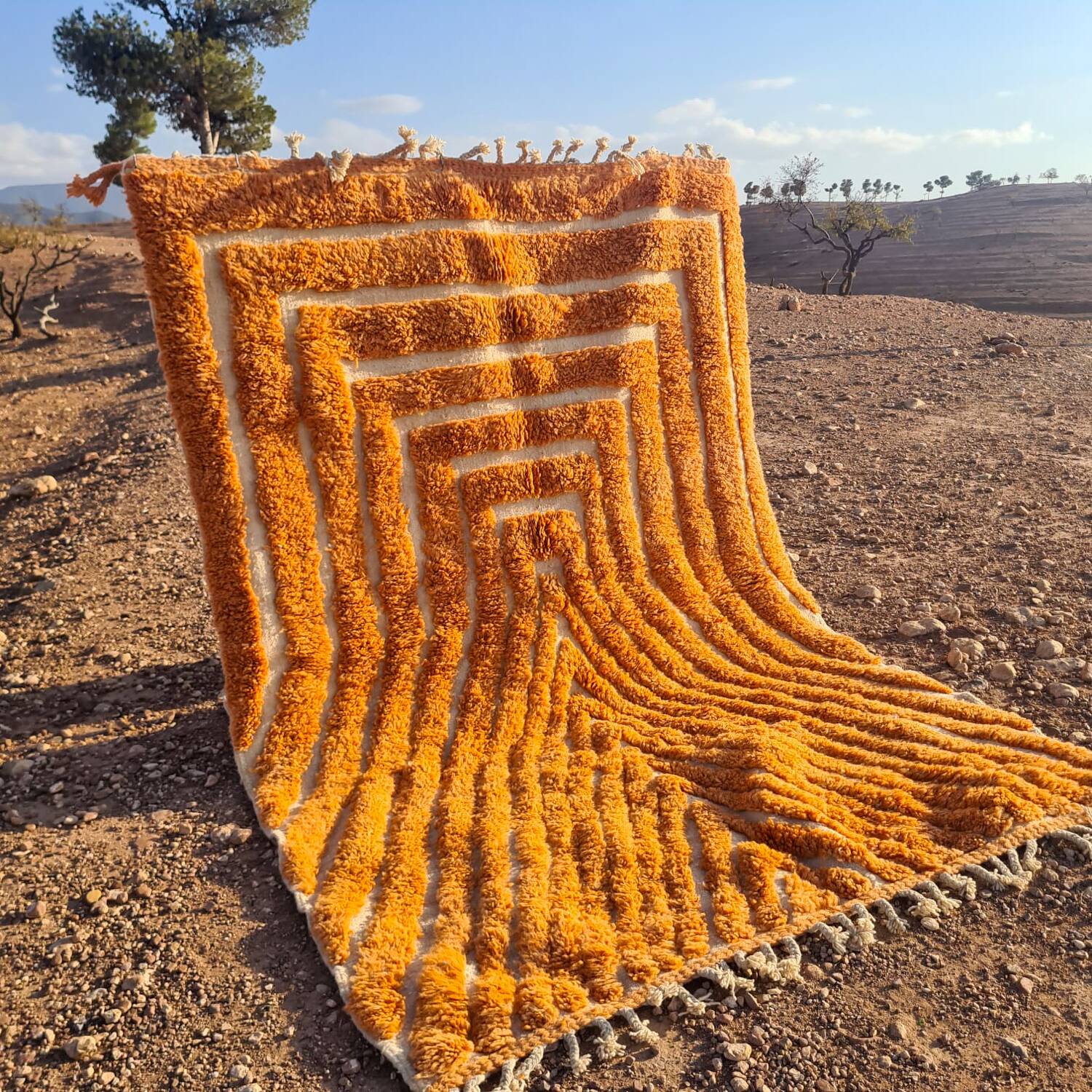 Modern peach orange blessed ouarain Berber rug