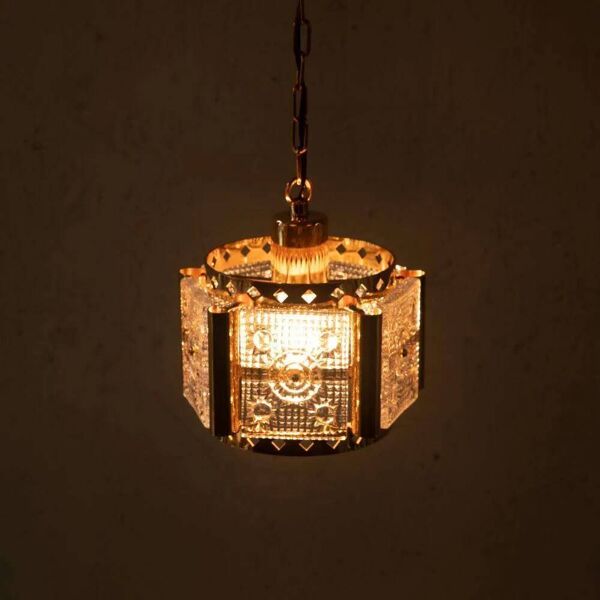 Suspension vintage laiton & verre givré, Suspension en verre Vitrika