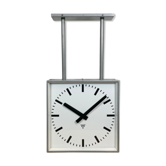 Square industrial double-sided factory clock from pragotron, 1960s