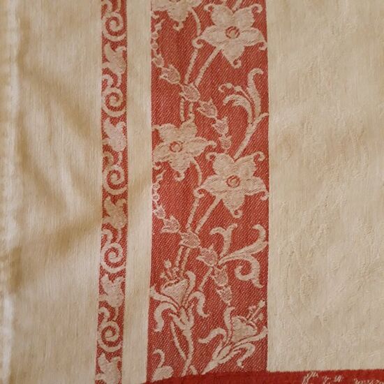 Nappe damassé de coton, liteaux rouge, chiffrée B.M, années 50