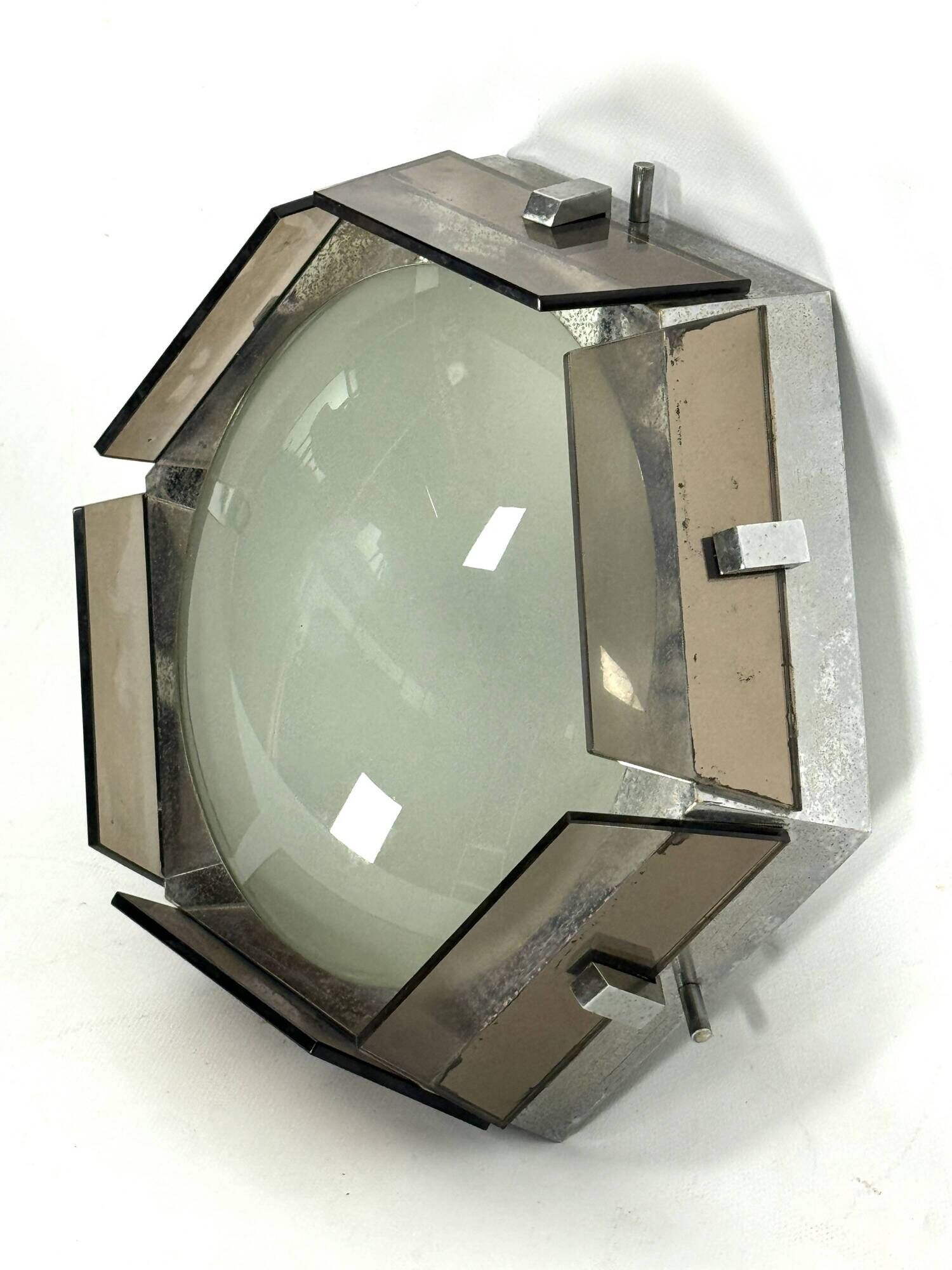 Veca, large exagonal ceiling lamp in glass and chrome. Italy 1970s