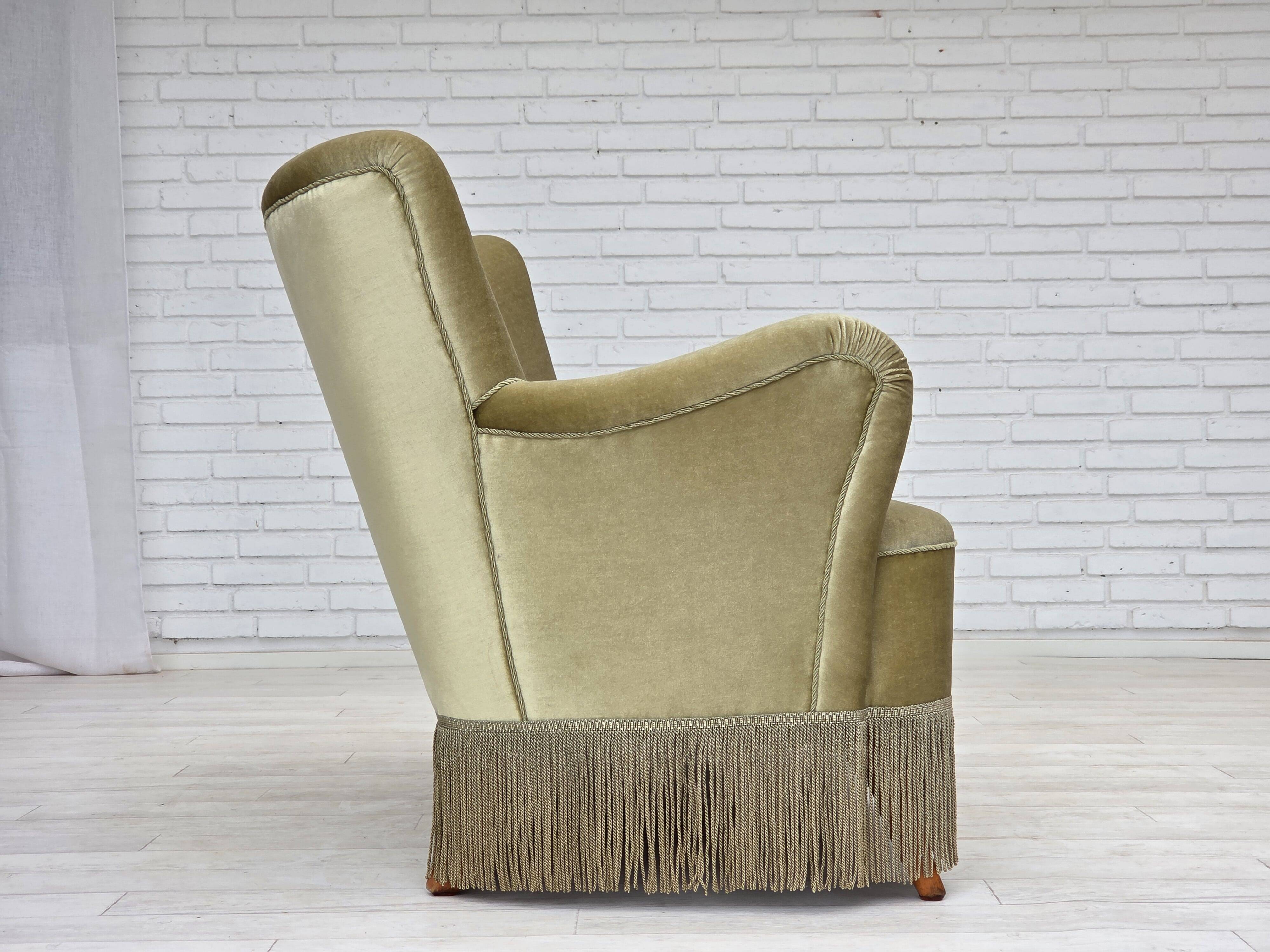 1960s, Danish 2-seater sofa, green furniture velour, beech wood legs.