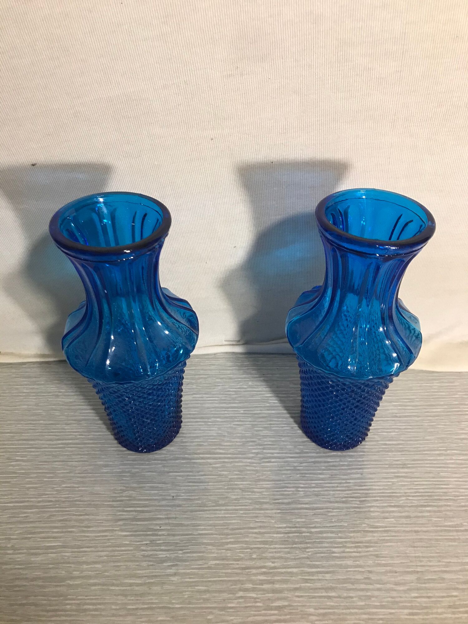 Pair Of Vase Ancient Art Deco Glass Molded Blue Geometric Shape Vintage