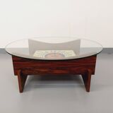 Vintage 60s-70s round coffee table with 2 shelves in glass and rosewood