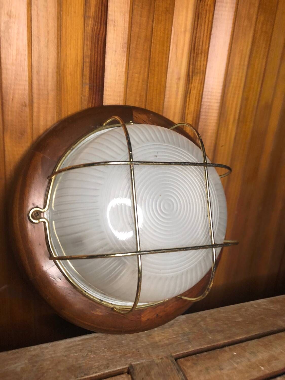 Old marine style ceiling light molded glass wood contour gold metal reinforcement #a624