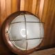 Old marine style ceiling light molded glass wood contour gold metal reinforcement #a624