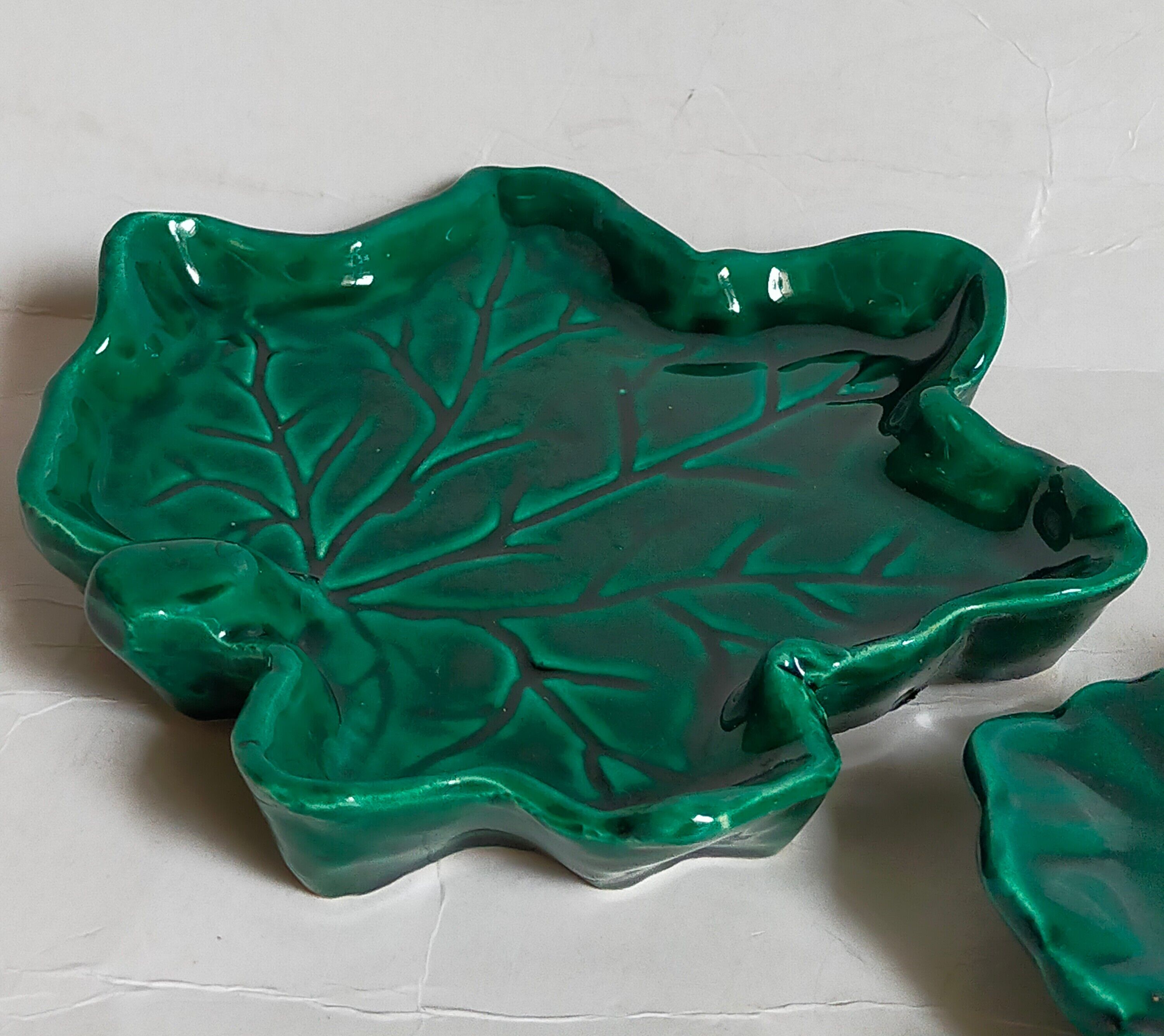 Duo of leaf cups in green slurry from Vintage Vallauris