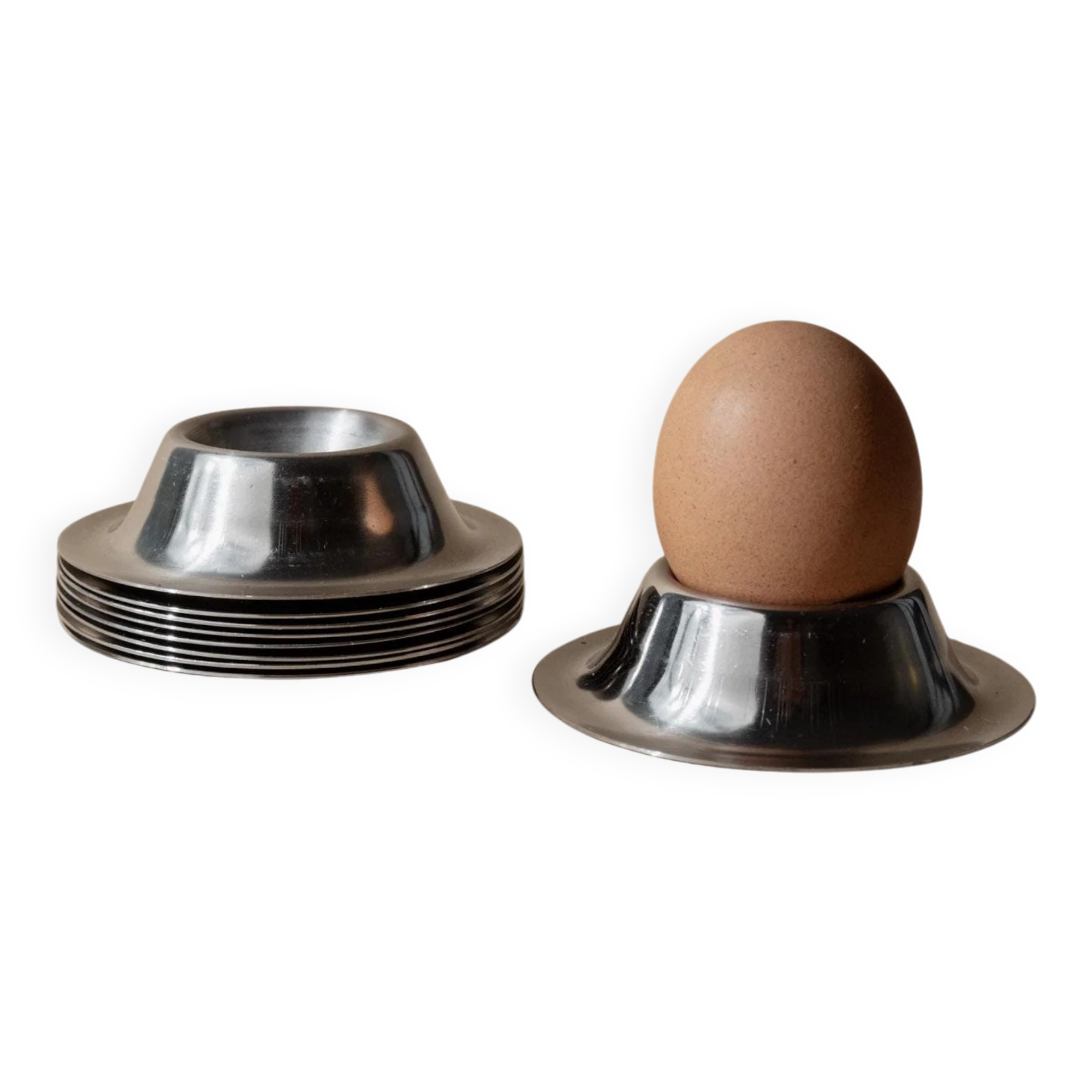 Lot of 9 vintage stainless steel egg cups from the 1970s, timeless minimalist design, dishwasher safe.