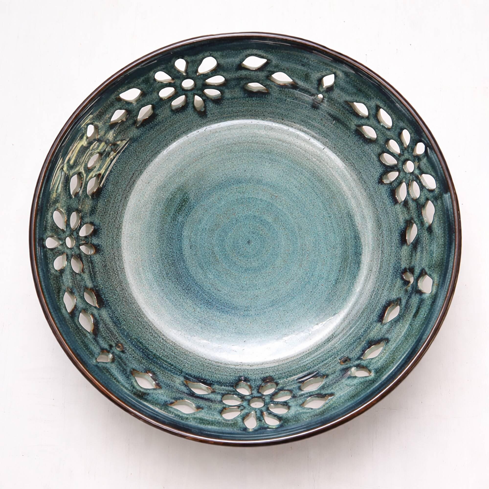 Very large handcrafted openwork stoneware dish Ø 36 cm – Turquoise blue glaze