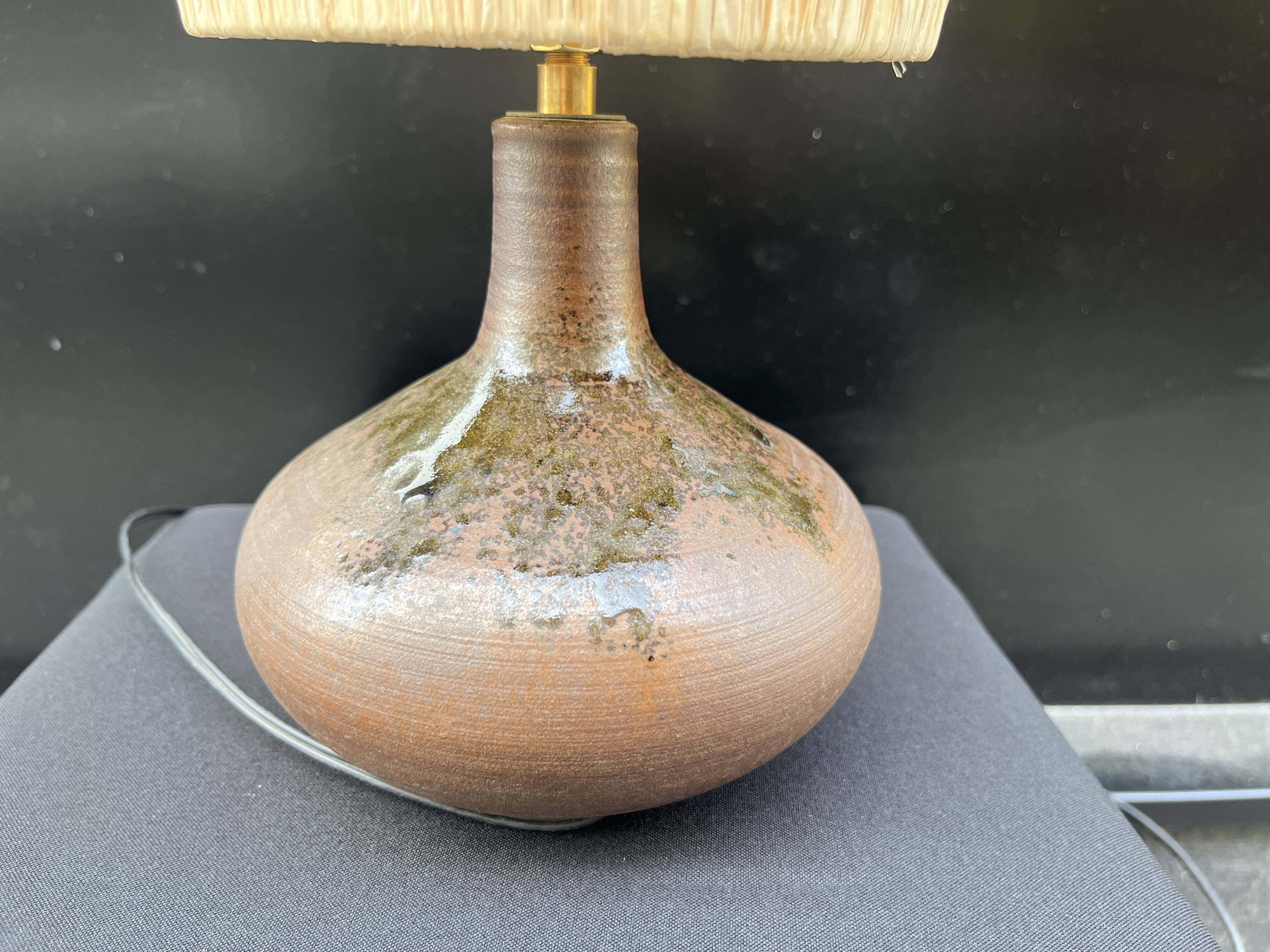 Vintage design lamp base in brown pyrite stoneware with raffia lampshade 1970