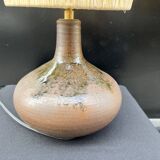 Vintage designer lamp base in brown pyrite stoneware with raffia lampshade, 1970s