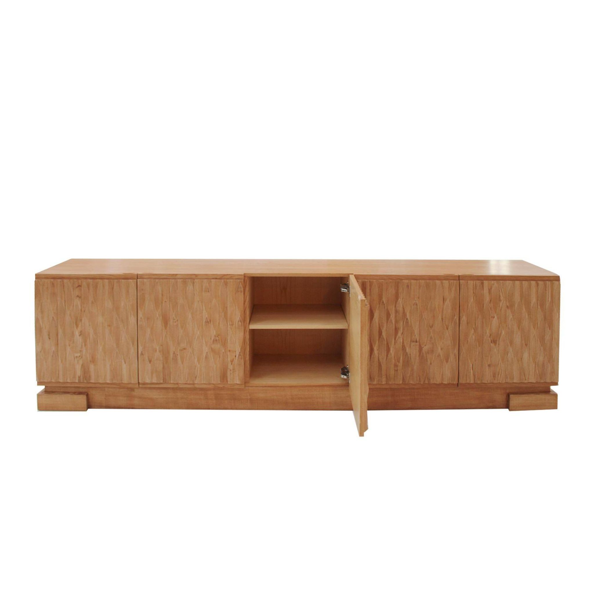 Italian Oak Wood Sideboard with Hand Carved Patterns in the Doors, Italy