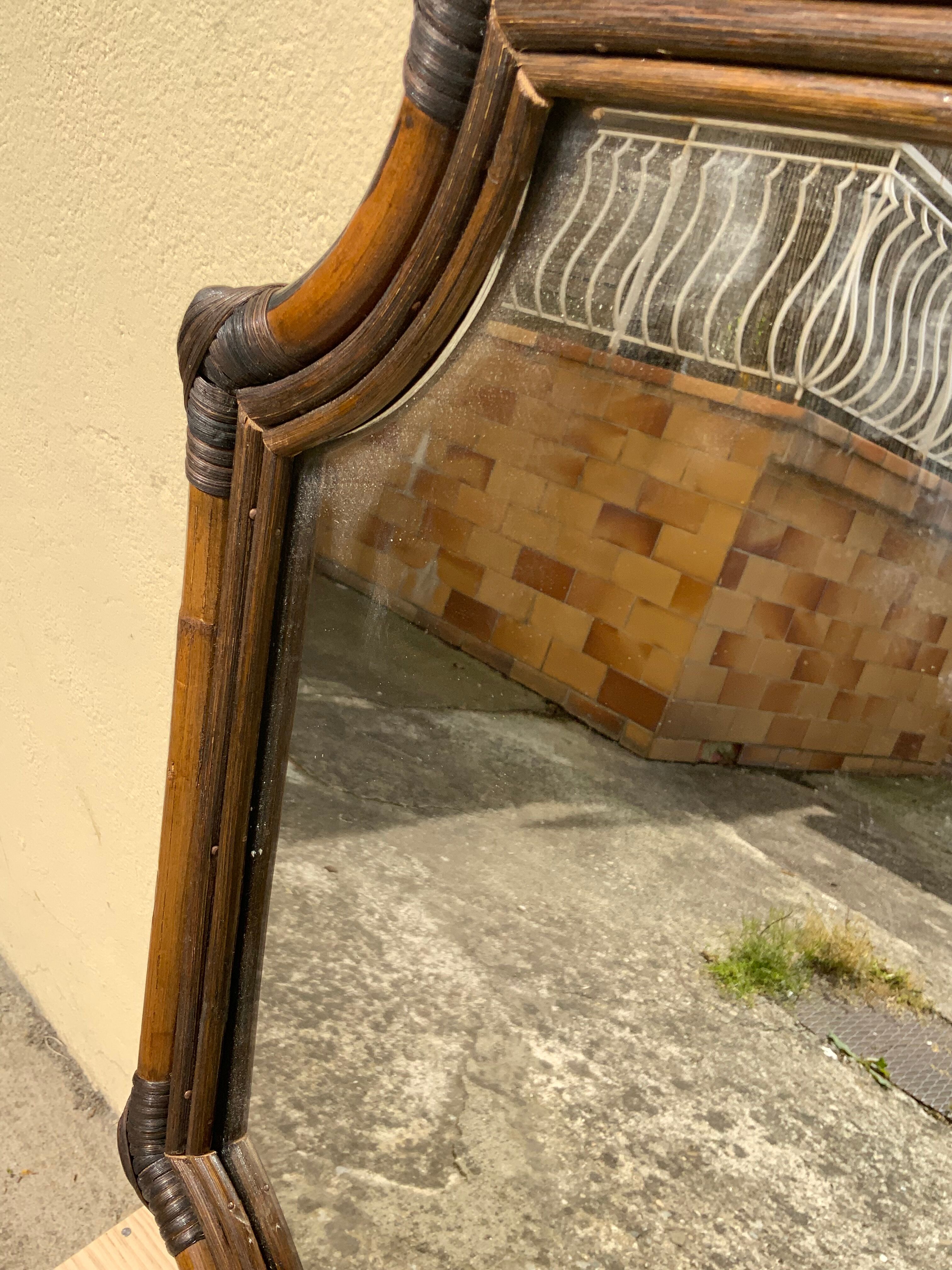 Large format retro decorative vintage wicker and rattan wood mirror