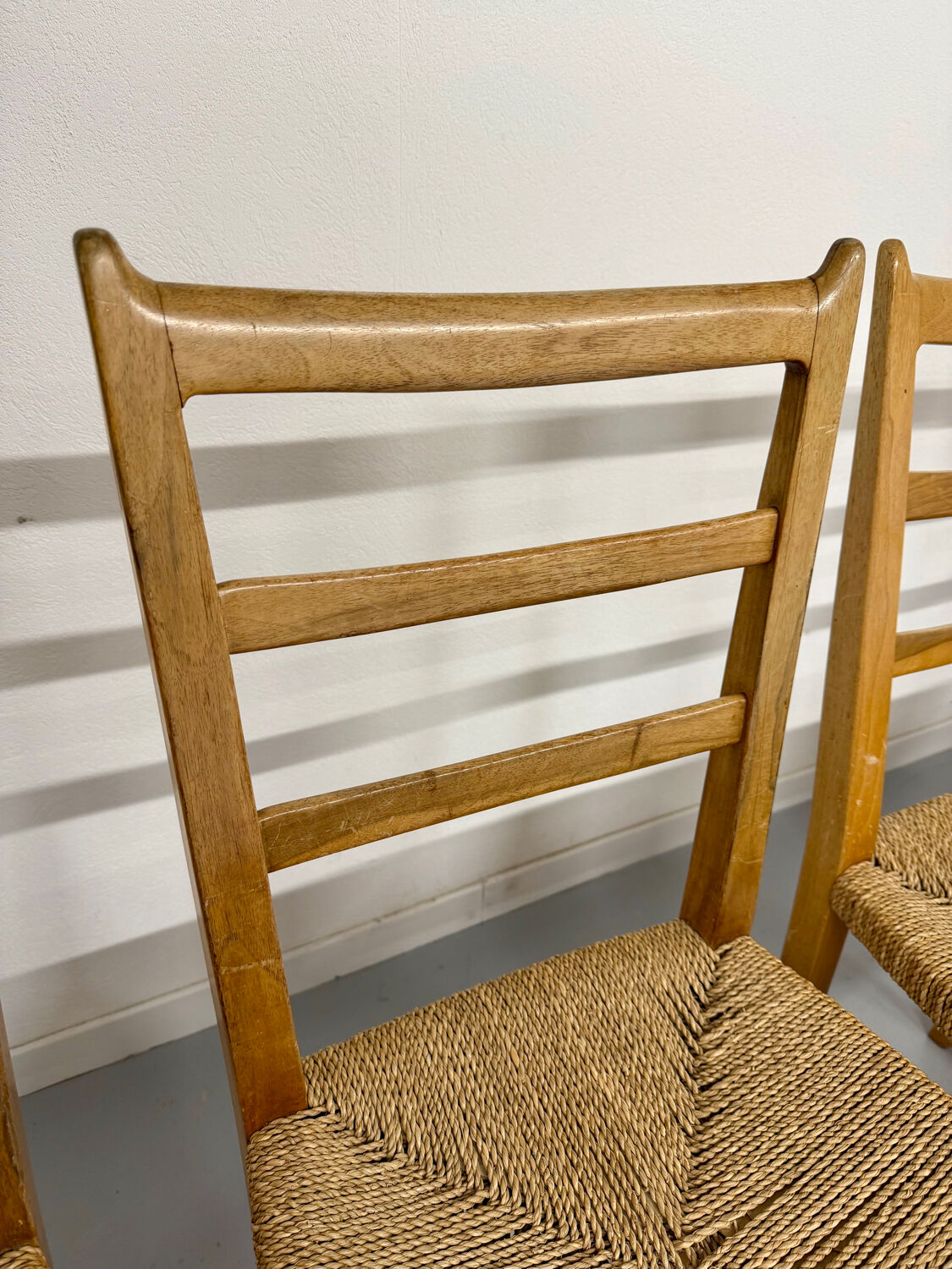 Set of 5 wooden chairs with rope seats, Scandinavian design, 1970s