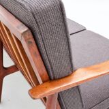 3-seater sofa with patinated oak armrests and 1960s Italy fabric