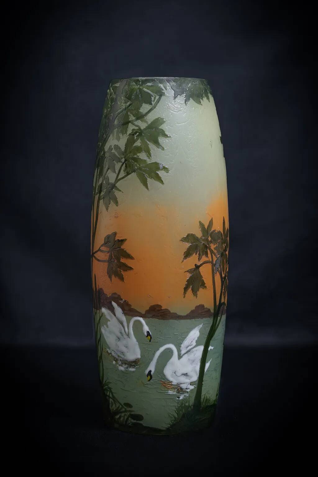 Large Legras Art Nouveau vase in acid-etched glass | Swan Lake