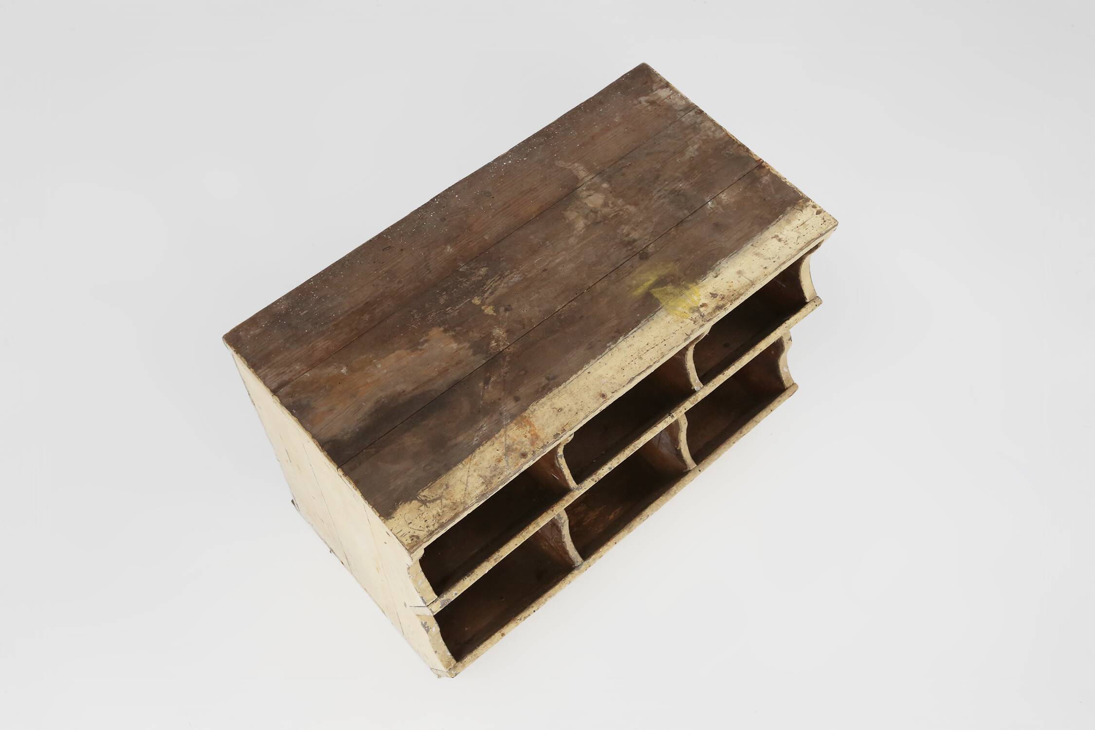 Unique industrial lacquered compartment cabinet with rich patina, France, 1890