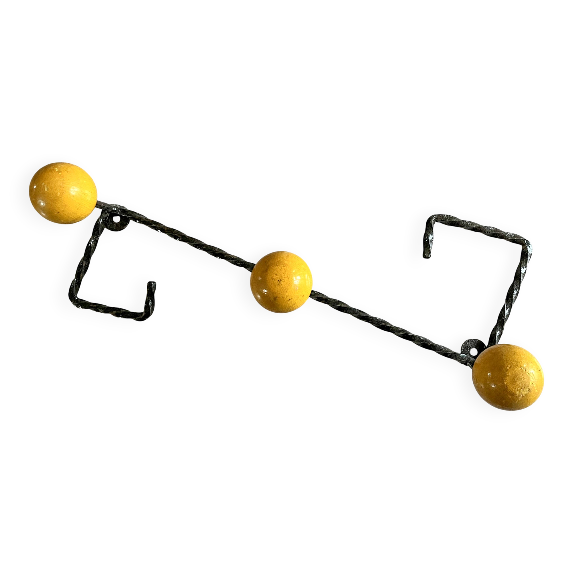 Wall-mounted coat rack in metal and wood with 3 hooks, antique item.