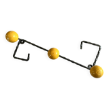 Wall-mounted coat rack in metal and wood with 3 hooks, antique item.