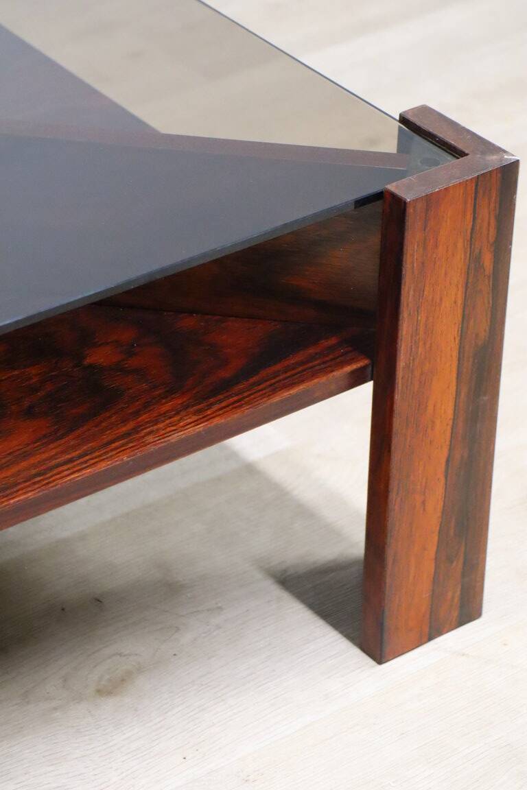 Scandinavian coffee table Mobelintarsia – Rosewood & smoked glass – 1960s