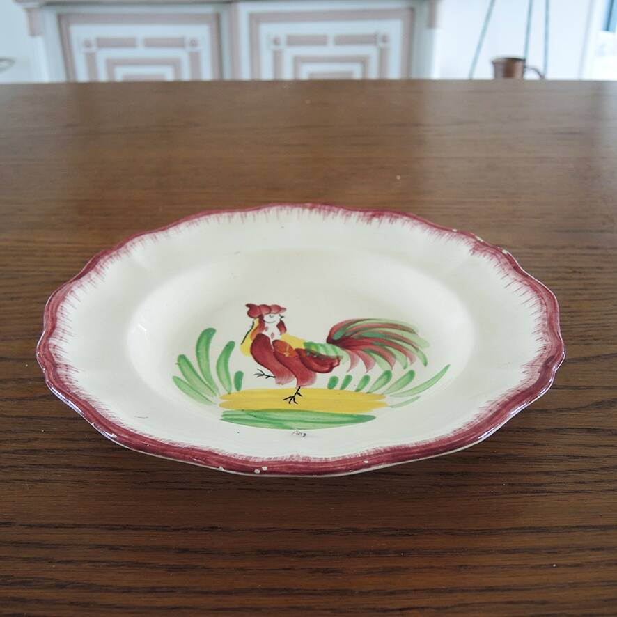 Ancienne Assiette Creuse Coq en Faïence Peinte Main