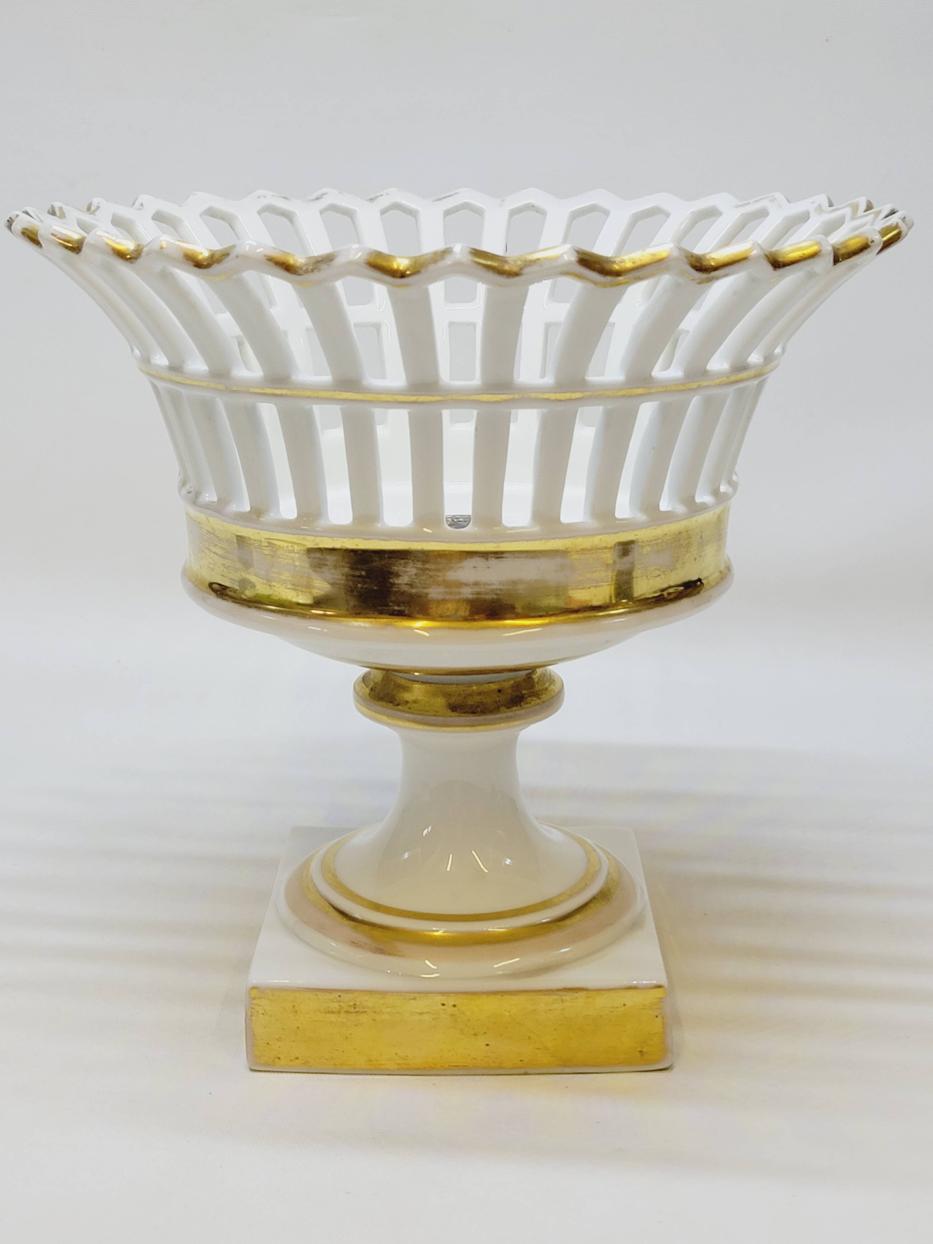 Bowl on Pedestal Openwork Basket White and Gold Porcelain Restoration E