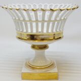 Bowl on Pedestal Openwork Basket White and Gold Porcelain Restoration E