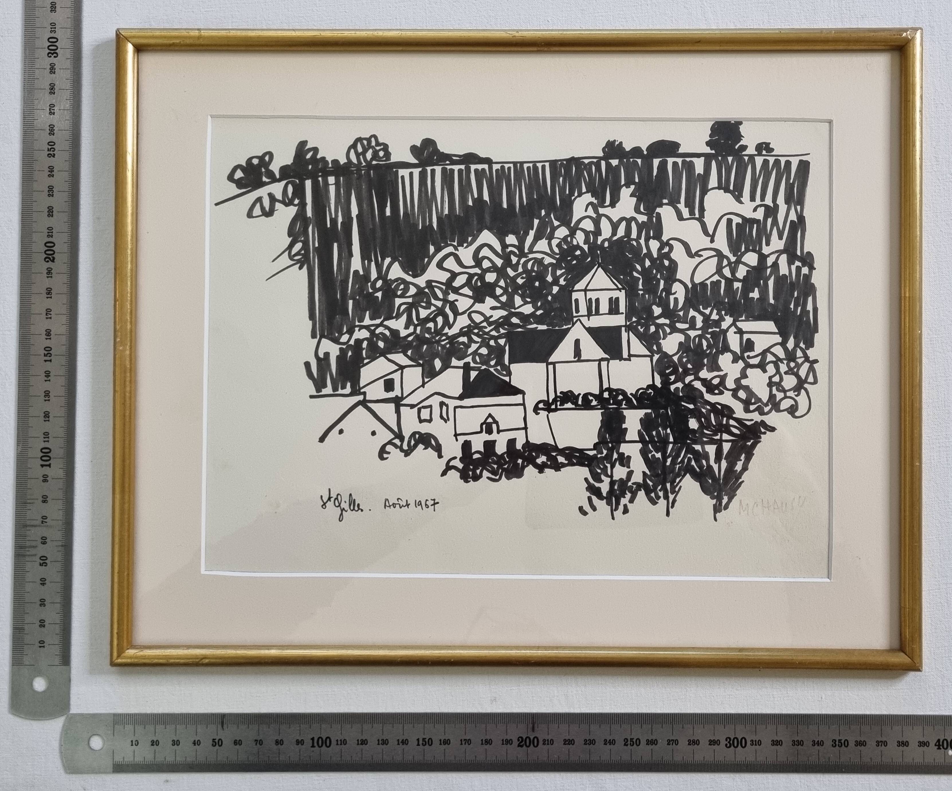 Encre moderniste, encre noire sur papier 1967, St Gilles, signée 39 x 31 cm