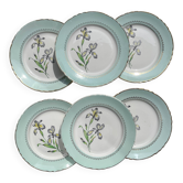 6 assiettes plates porcelaine vintage blanche verte Iris Moulin des Loups "Sargosse" 1950s