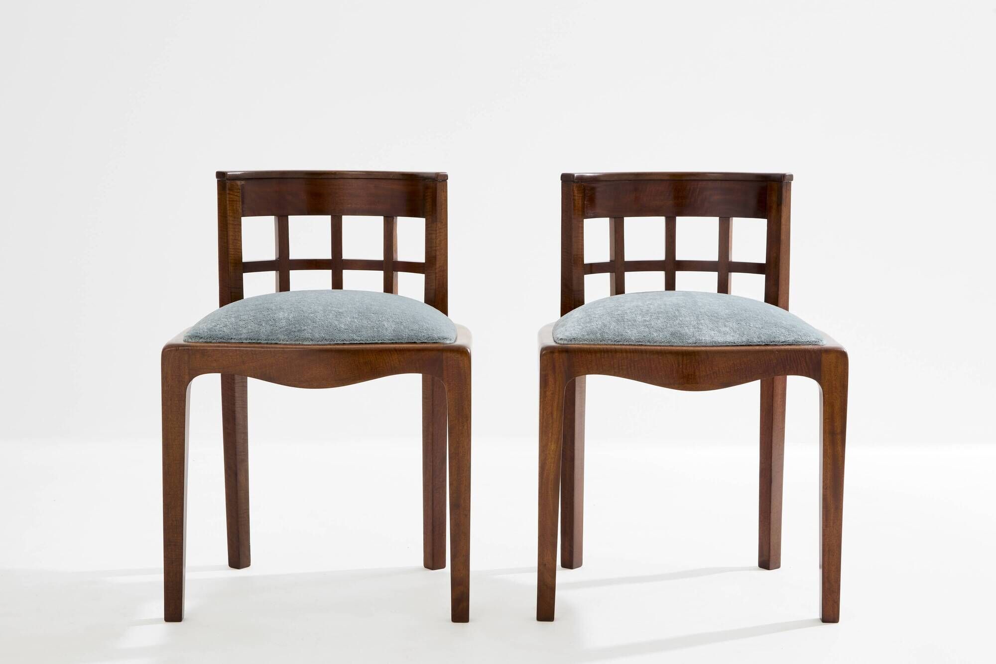 Paul T. Frankl pair of wavy walnut and mohair velvet chairs 1933