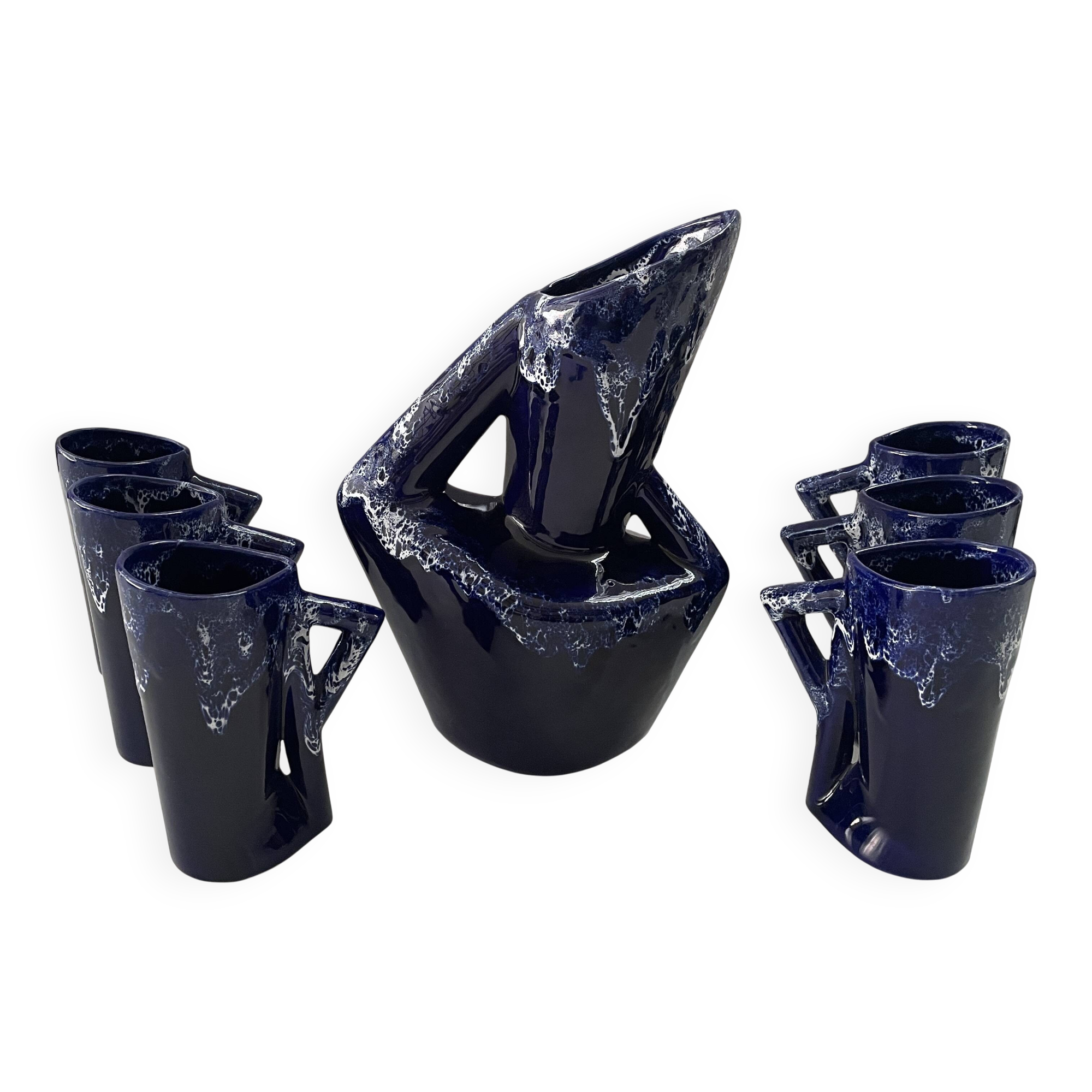 Ceramic orangeade service in ultramarine blue, workshop 59 - Vallauris -